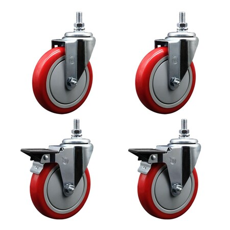 Service Caster 5 Inch Red Polyurethane 10 MM Threaded Stem Caster Set 2 Brakes SCC SCC-TS20S514-PPUB-RED-M1015-2-PLB-2
